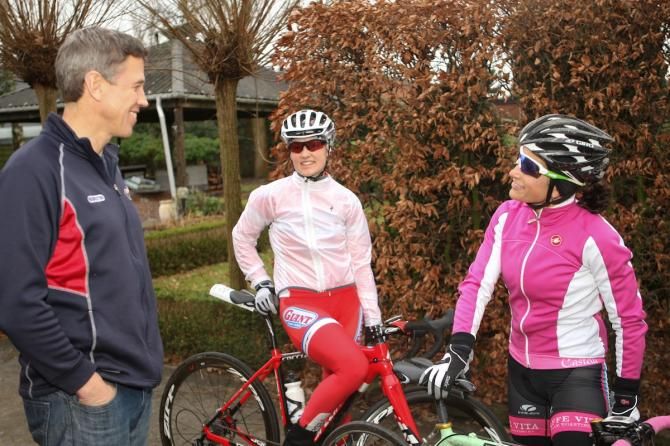 Director of EuroCrossCamp Geoff Proctor speads with Elle Anderson (center) and Courtenay McFadden before a training ride on a rare, sunny day in Vorselaar, BE.