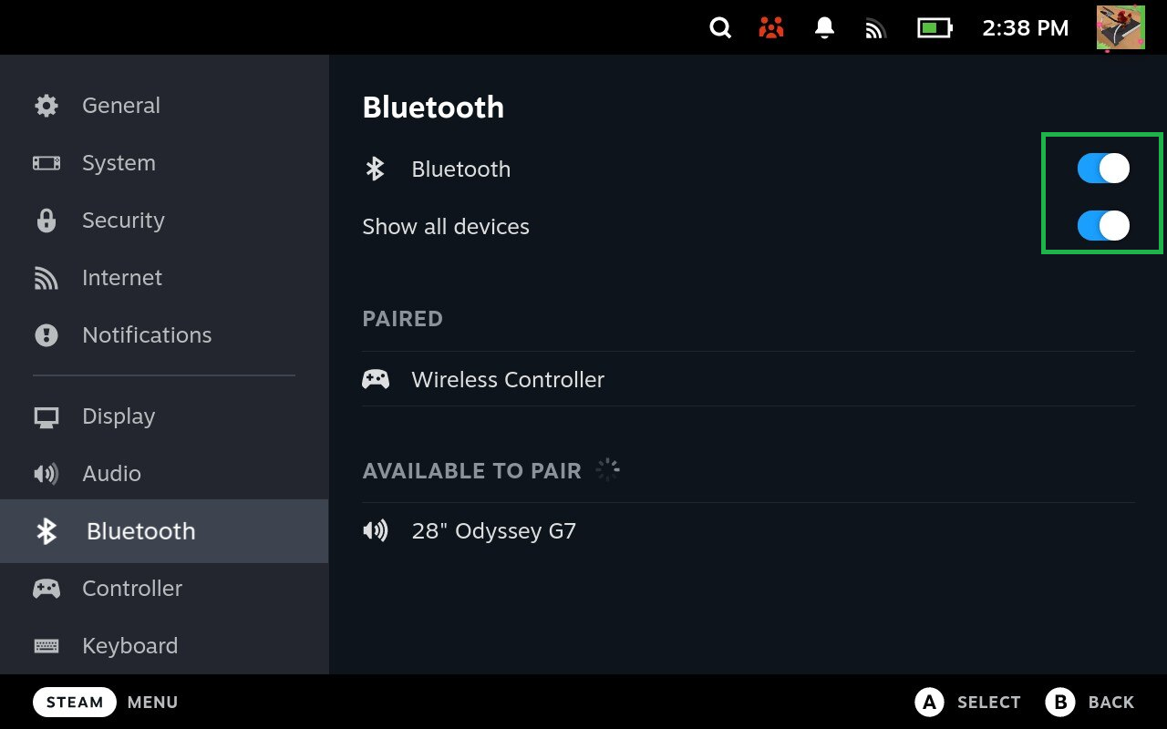 Скриншот меню сопряжения Bluetooth в Steam Deck