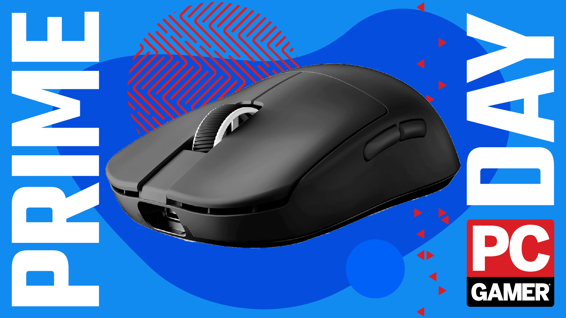 An Mchose L7 Ultra+ gaming mouse on a custom PC Gamer Prime Day background.