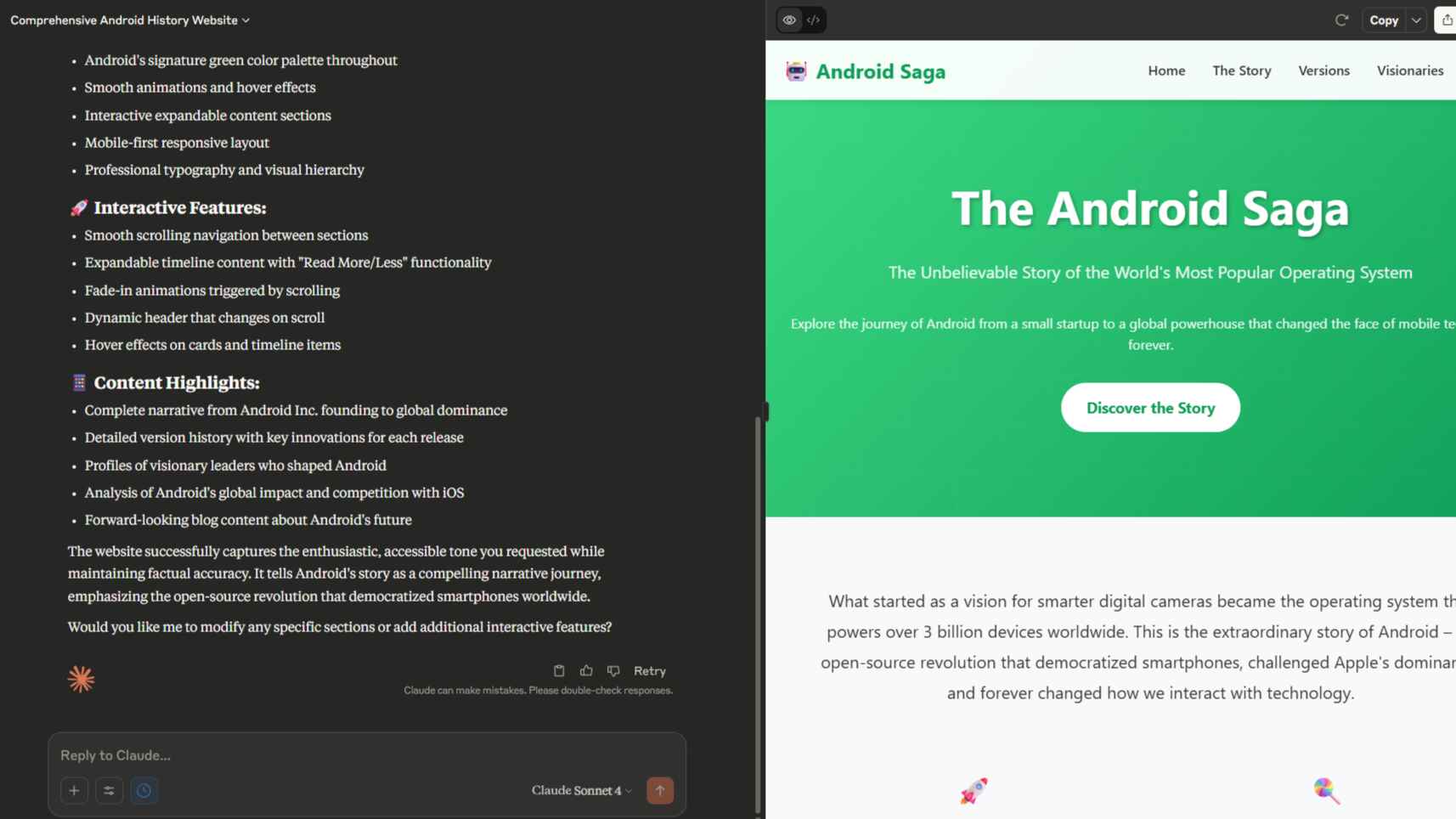 Claude Sonnet 4 results from complex prompt to create Android History website