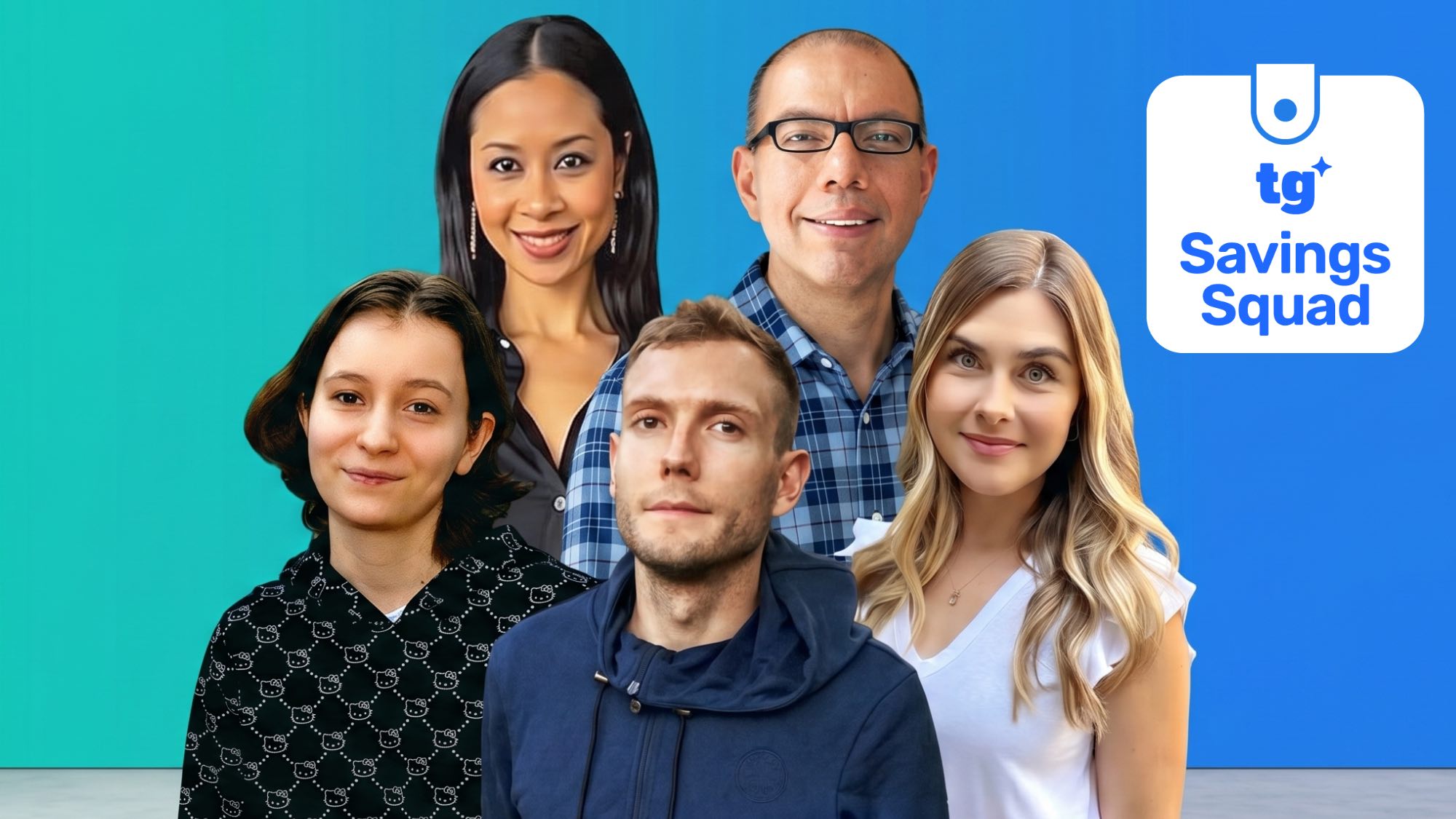Five diverse individuals stand closely together against a gradient blue background. A logo with "tg Savings Squad" is on the right. They appear friendly and approachable.