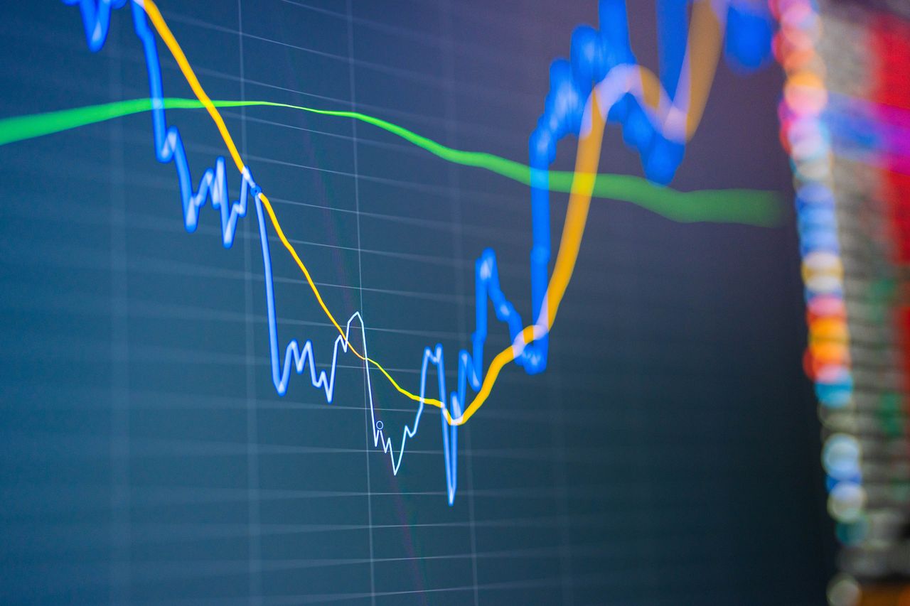 closeup of blue stock chart with blue bars and orange and green moving averages