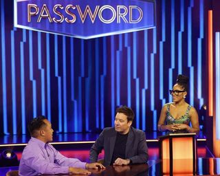 A contestant, Jimmy Fallon and host Keke Palmer on NBC’s ‘Password.’