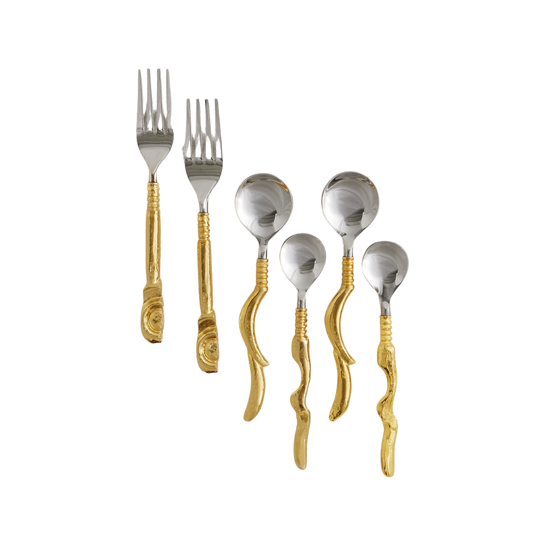Six-piece cutlery set with gold handles 