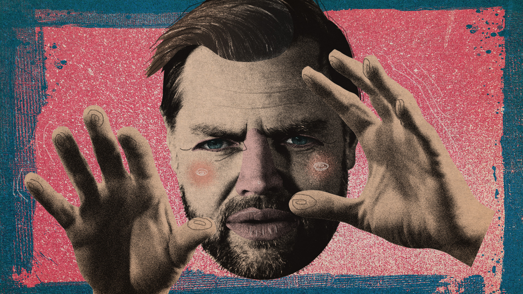 Photo collage of J.D Vance's face composited from various photos of him