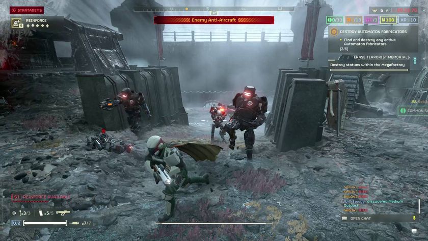 Helldivers 2 helldiver running past two Cyborg Agitators