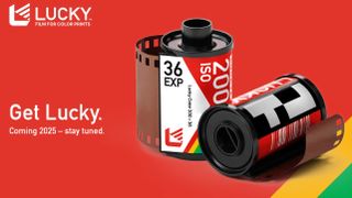 Lucky Color 200 film canister against a red promo background