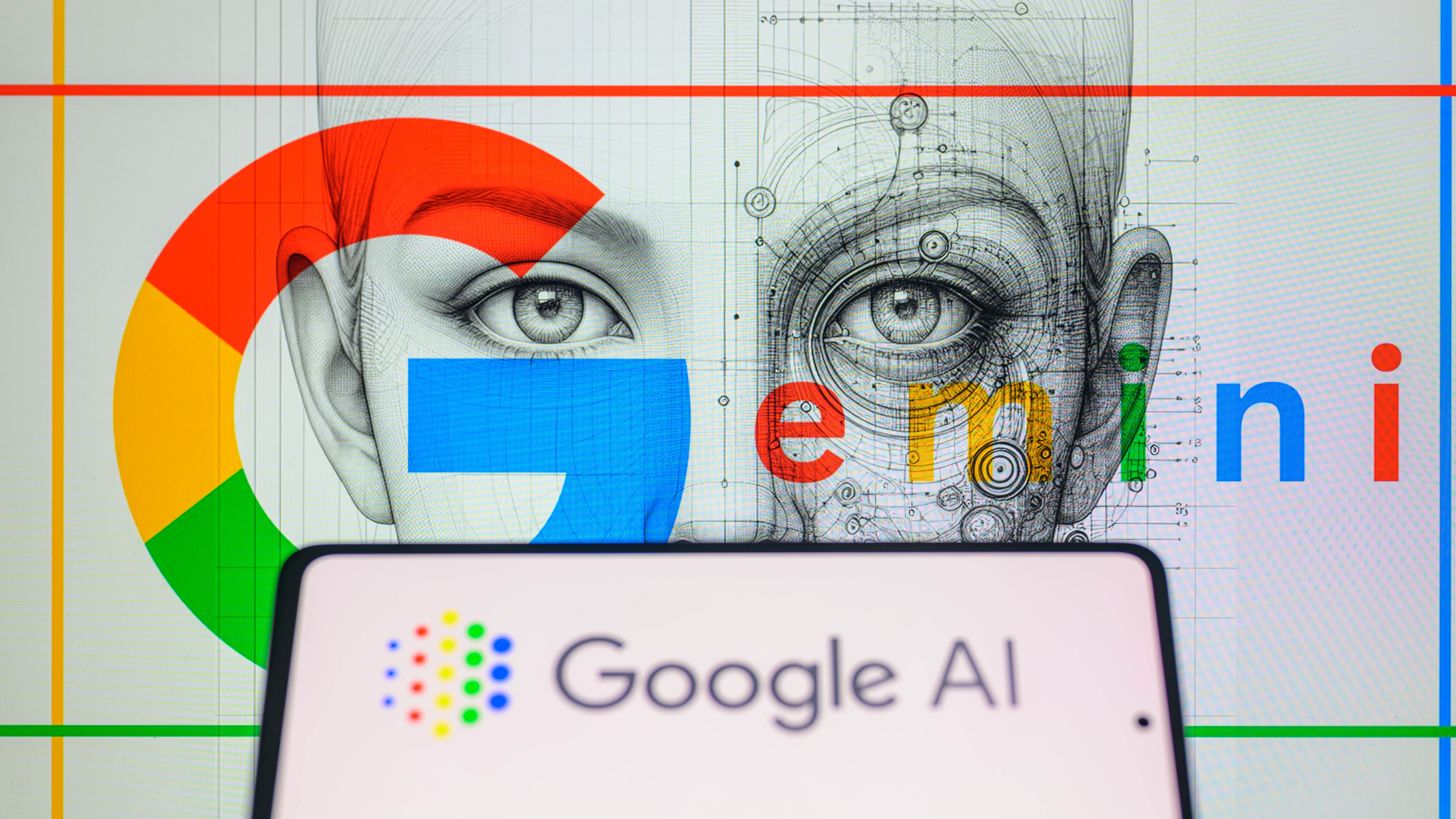 The Google AI logo is being displayed on a smartphone with Gemini in the background in this photo illustration, taken in Brussels, Belgium, on February 8, 2024. (Photo by Jonathan Raa/NurPhoto via Getty Images)