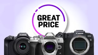 Three cameras positioned in front of a circular graphic featuring the text "Great Price" in bold, eye-catching fonts