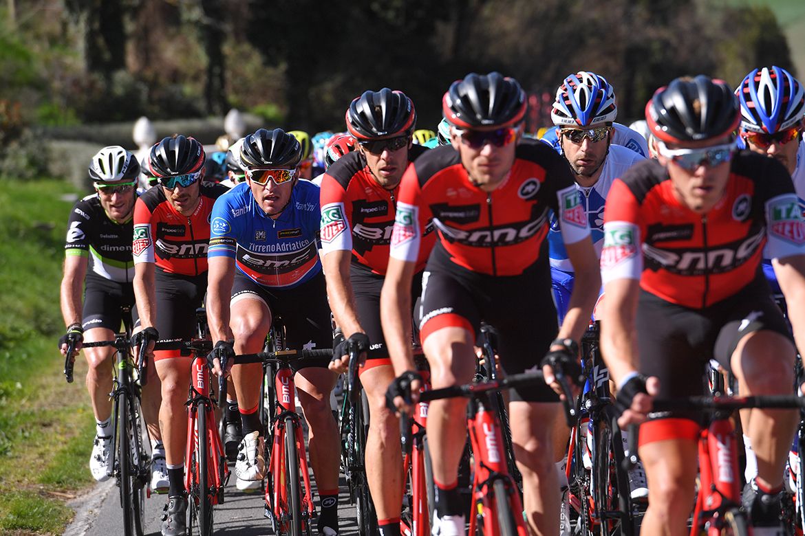 Greg Van Avermaet in blue on Stage 3 of Tirreno-Adriatico