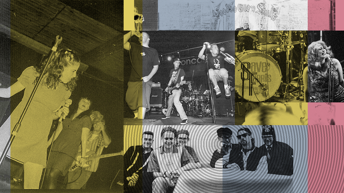 A montage of pictures of various ska punk bands