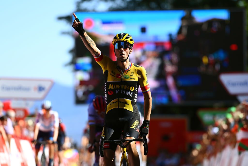 LAGUARDIA SPAIN AUGUST 23 Primoz Roglic of Slovenia and Team Jumbo Visma celebrates at finish line as stage winner during the 77th Tour of Spain 2022 Stage 4 a 1524km stage from VitoriaGasteiz to Laguardia 627m LaVuelta22 WorldTour on August 23 2022 in Laguardia Spain Photo by Tim de WaeleGetty Images