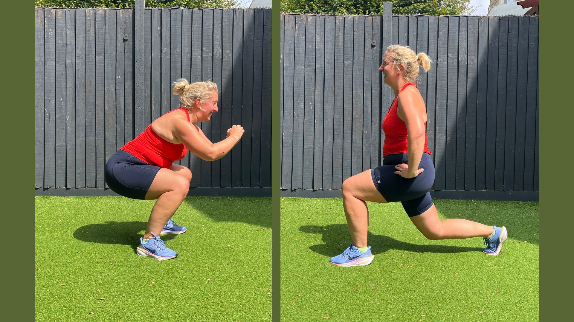Kat Storr doing callisthenics workout for beginners in back garden on grass