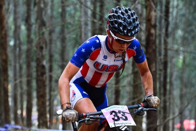 USA's Kendall Ryan digs deep on a climb in the under 23 women's cross country race