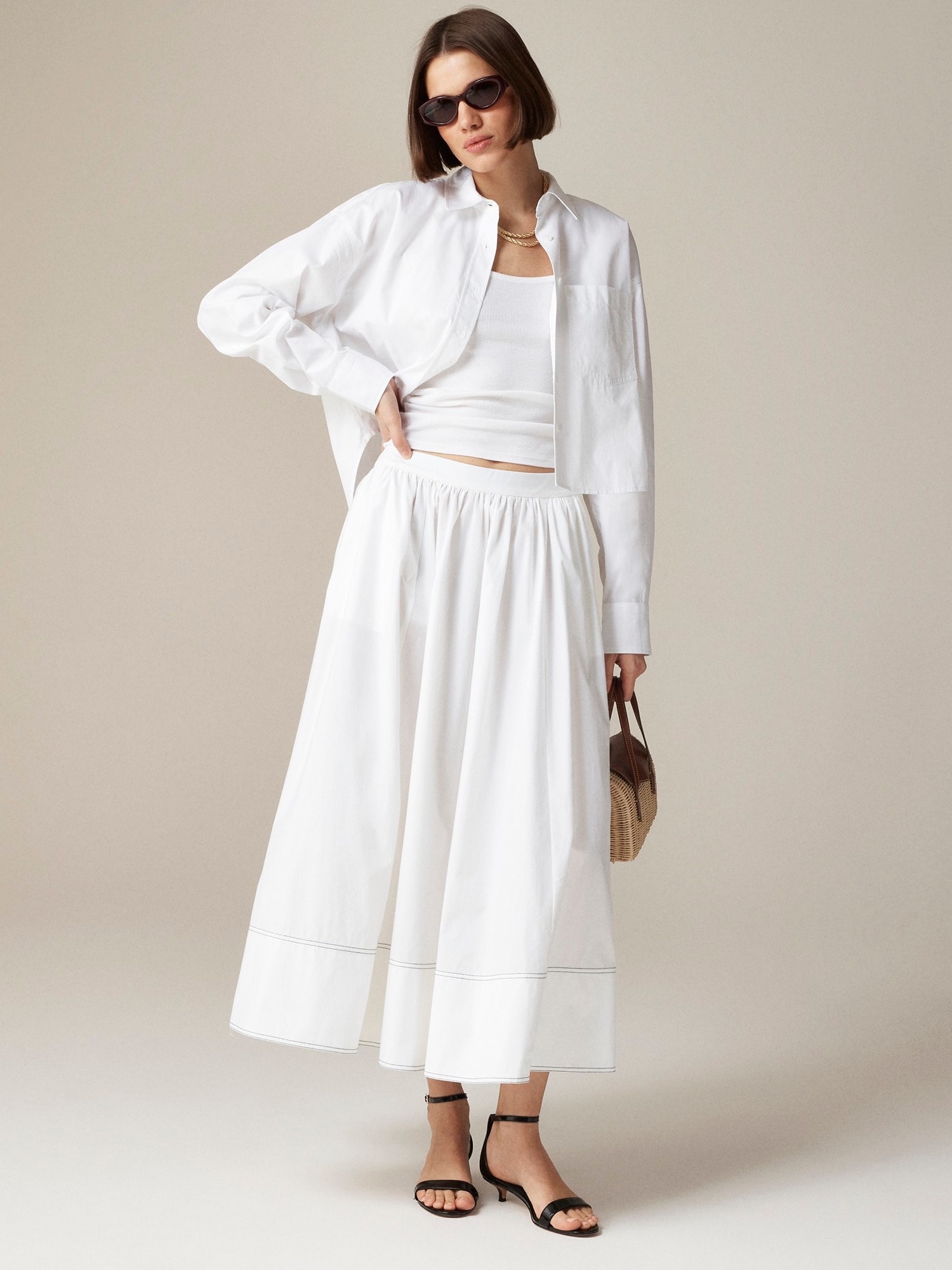 J.Crew, Contrast-Stitch Midi Skirt in Cotton Poplin