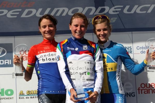 The World Cup podium - Marianne Vos (Nederland Bloeit), Annemiek Van Vleuten (Nederland Bloeit) and Emma Johansson (Hitec Products)