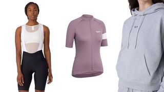 Rapha sportswear, including bib shorts, jersey, and grey hoodie