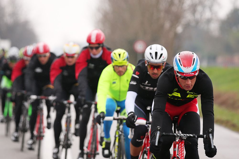 A Katusha rider leads the peloton during Milan-San Remo.