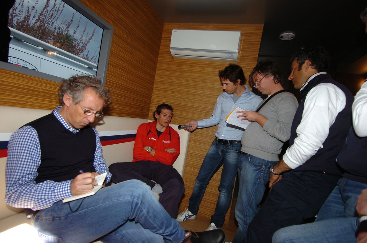Filippo Pozzato meets the press during the cobbled Classics in 2009.