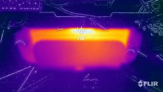 A thermal camera view of the Nintendo Switch 2 in docked mode with a hotspot temperature of 116 °F