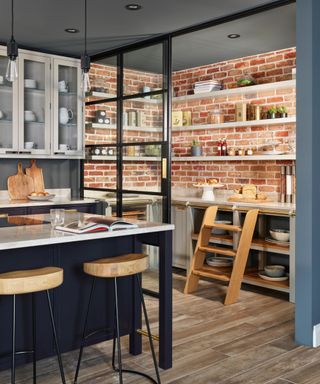 walk in pantry separated from main kitchen by sliding glass and black framed door