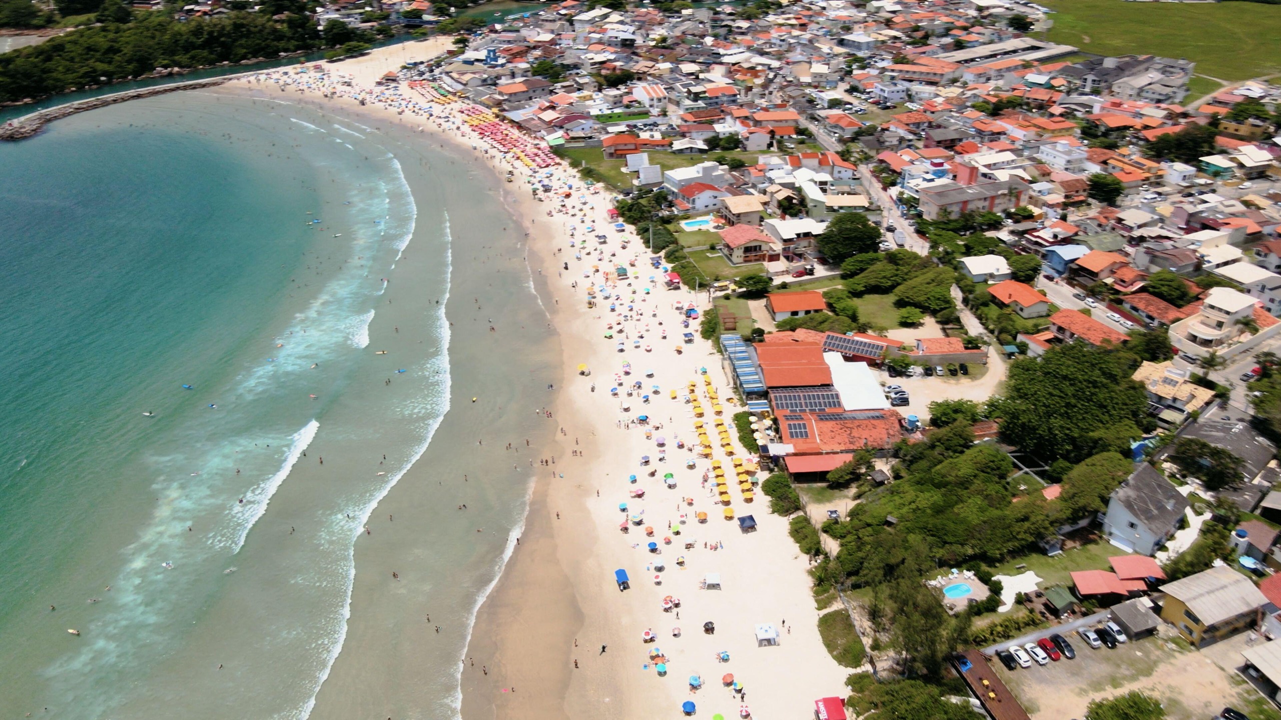 An aerial view of a beach and town in Brazil