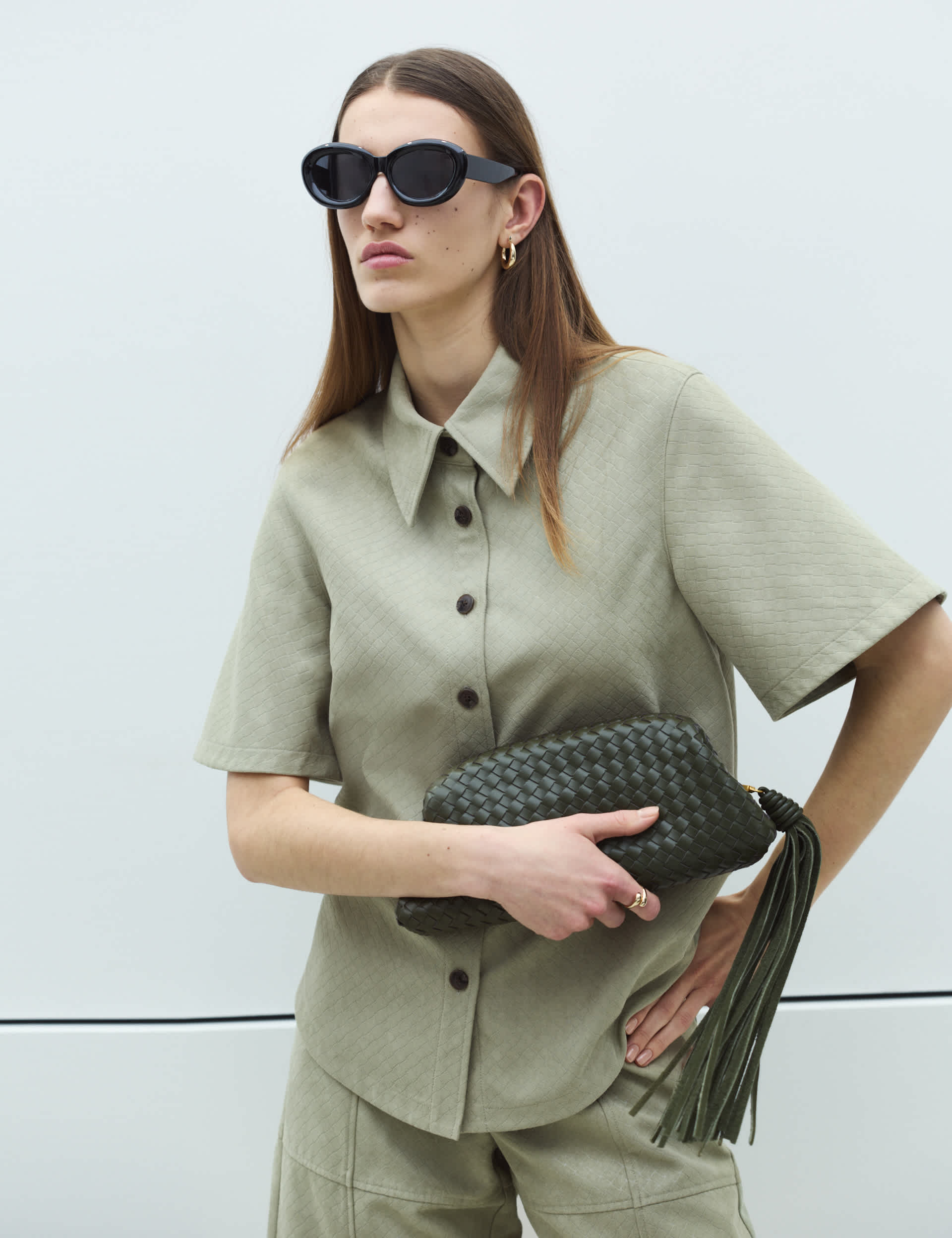 Faux Suede Basket Weave Collared Shirt