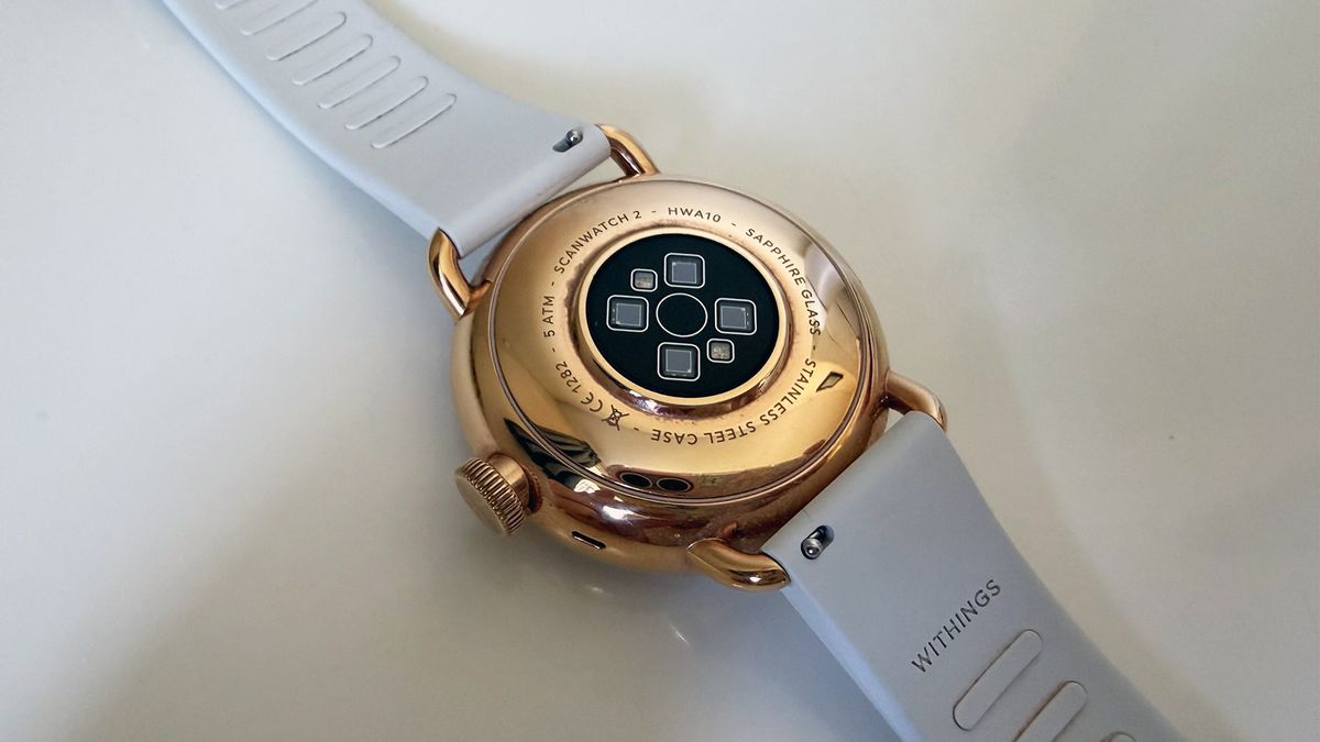 A close up of the back of the Withings ScanWatch 2, where the health and sleep sensors are located