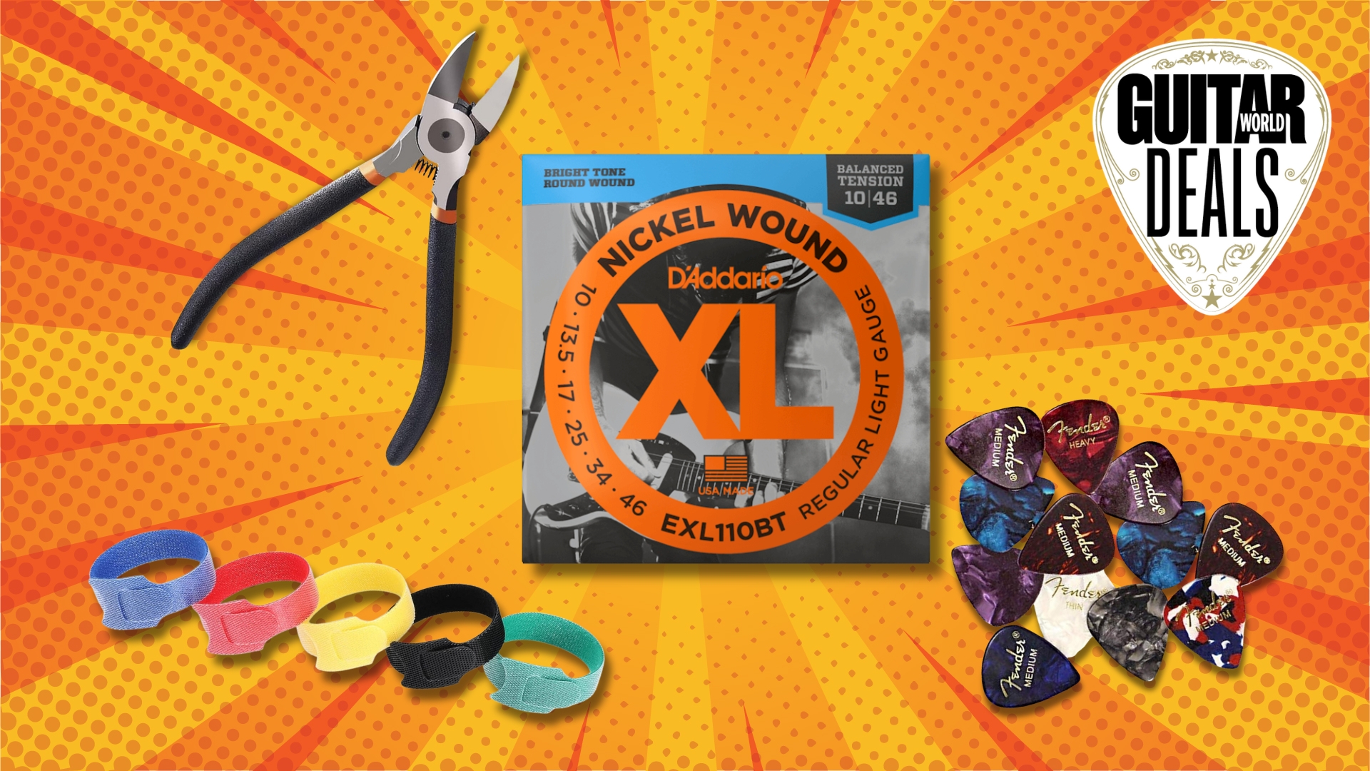A selection of guitar accessories on an orange background including strings, guitar picks, cable wraps, and wire cutters