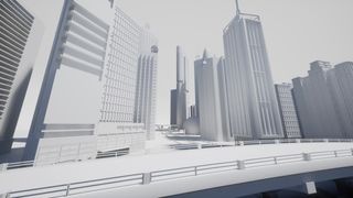 A CGI render of a cityscape, entirely in white blocks and viewed from a low camera angle.