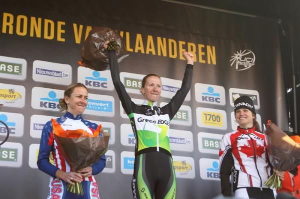 Kristin Armstrong (United States), Judith Arndt (GreenEdge-AIS) and Joelle Numainville (Canada) on the podium