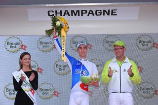 Jeremy Maison on the podium after stage 4 at the Tour de Suisse.