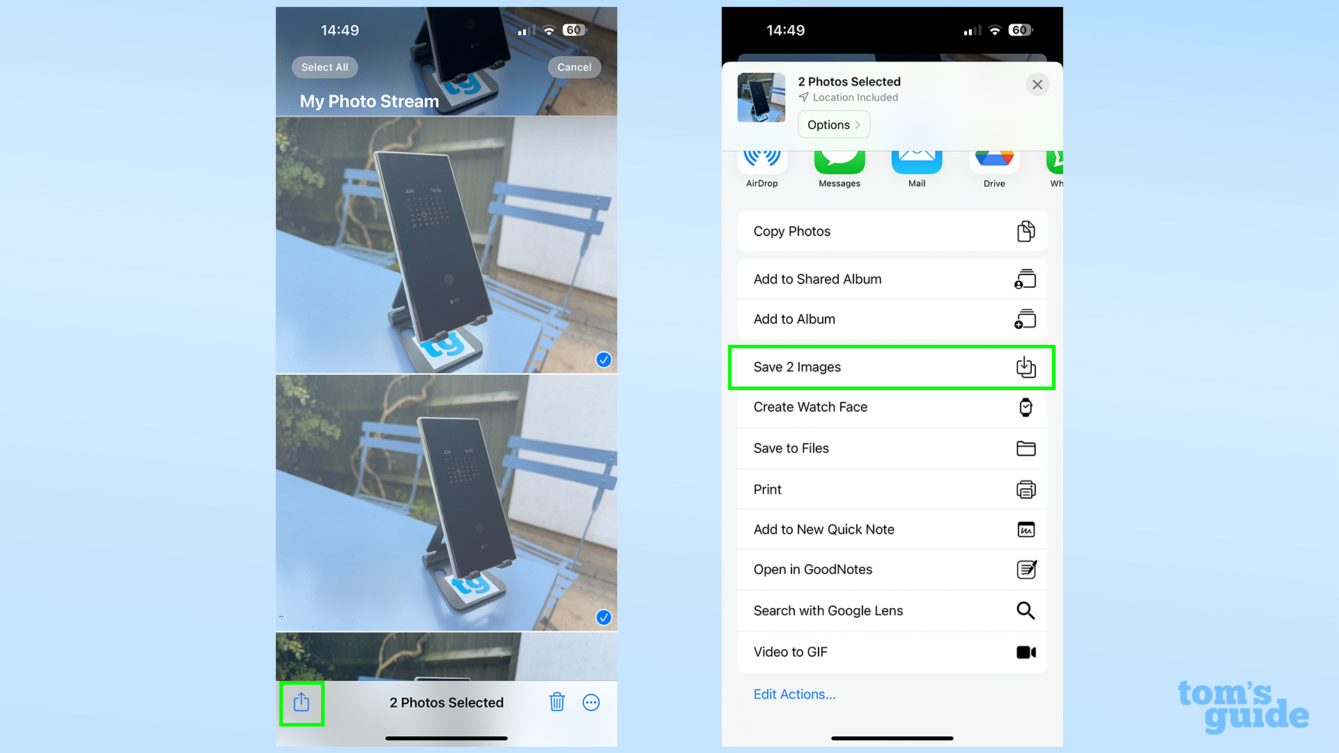 Zwei Screenshots zeigen, wie man ausgewählte Fotos über das Teilen-Menü unter iOS speichert