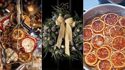 Potpourri in a wire Christmas ornament / A green and white wreath with a white bow / A cooking pot filled with cider and orange slices