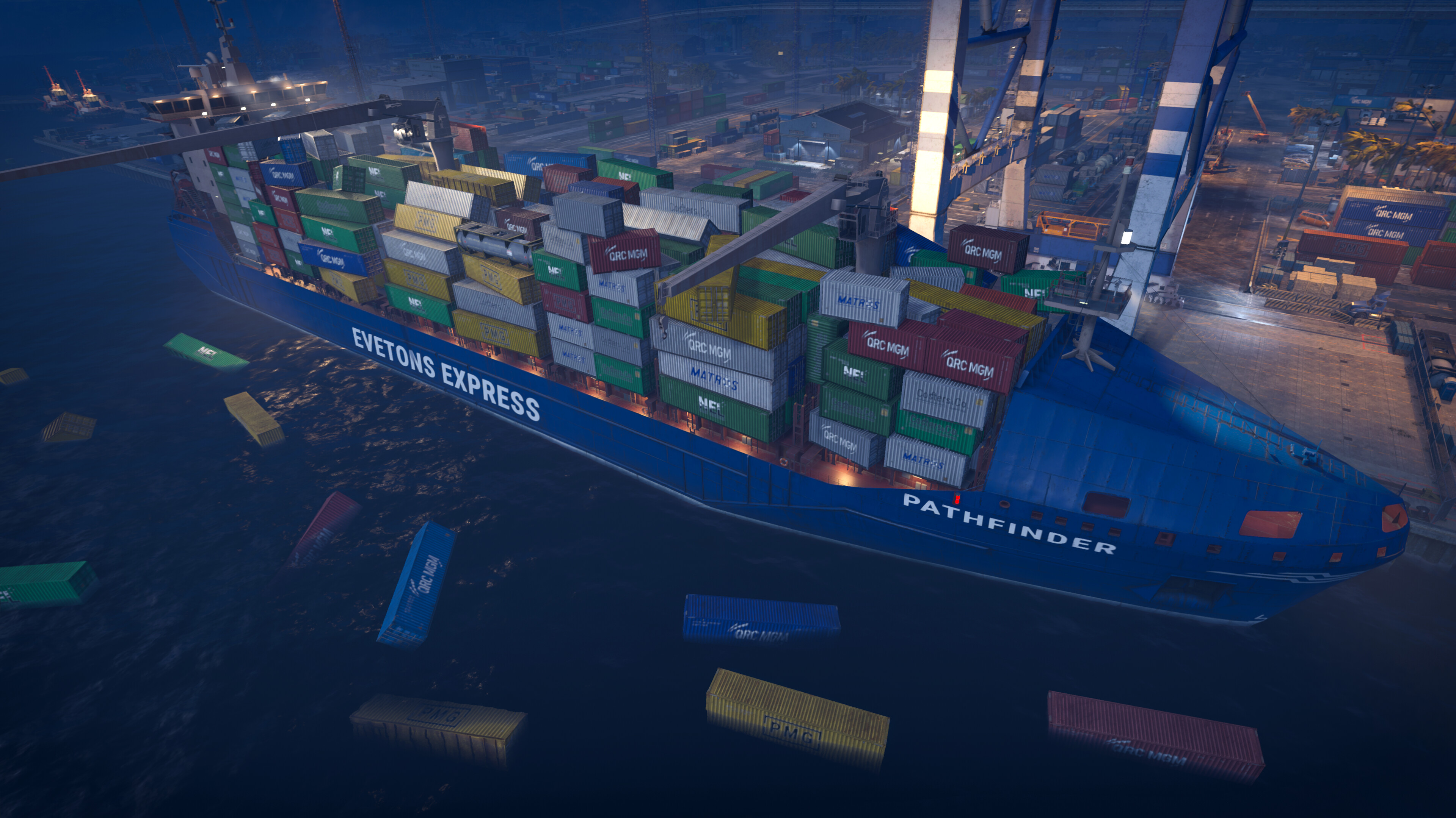 A cargo ship rests in port having spilled numerous containers into the ocean.