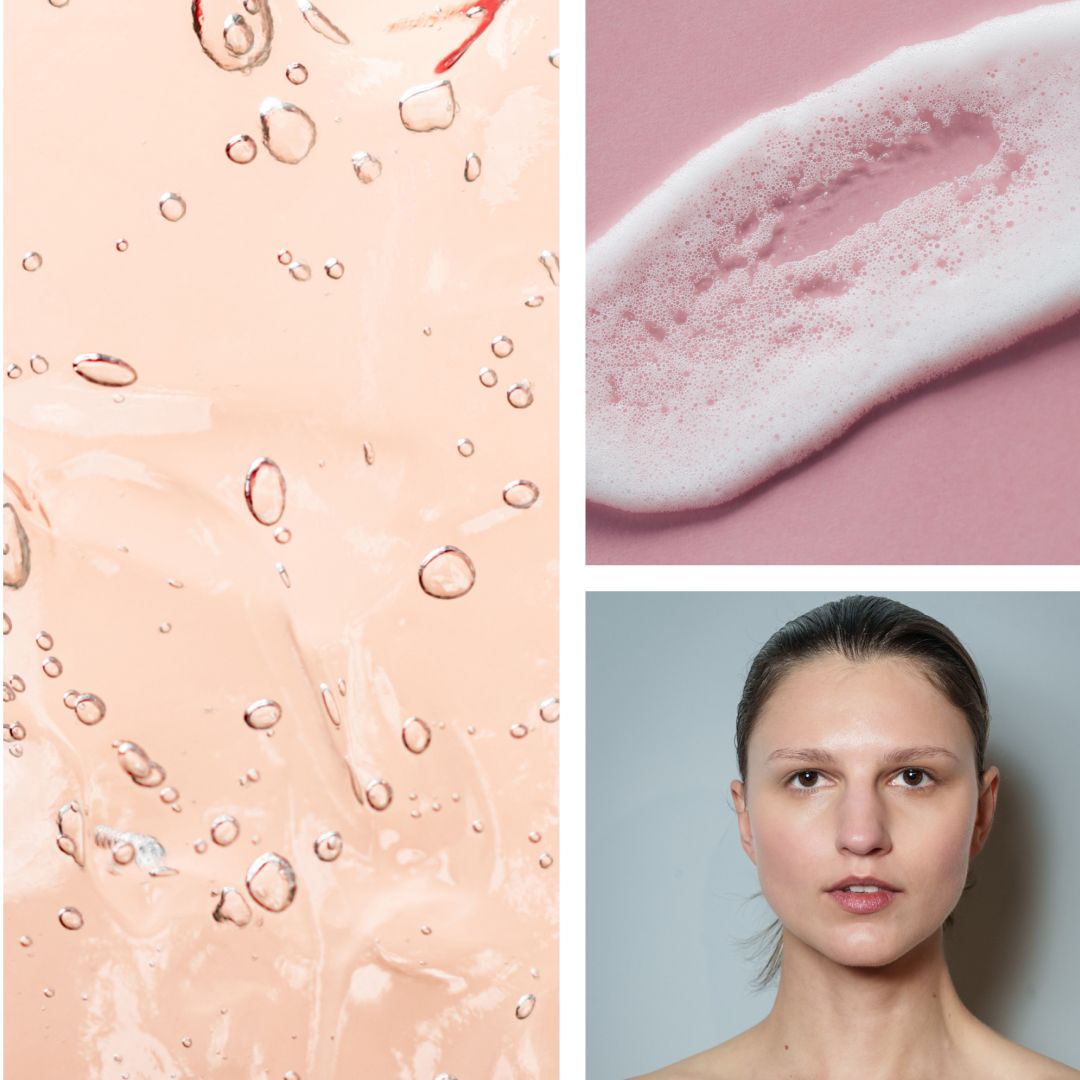 A models with a fresh face and two swatches of face wash formulas