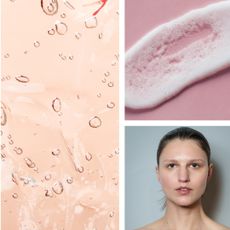 A models with a fresh face and two swatches of face wash formulas