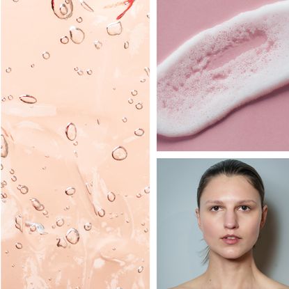 A models with a fresh face and two swatches of face wash formulas