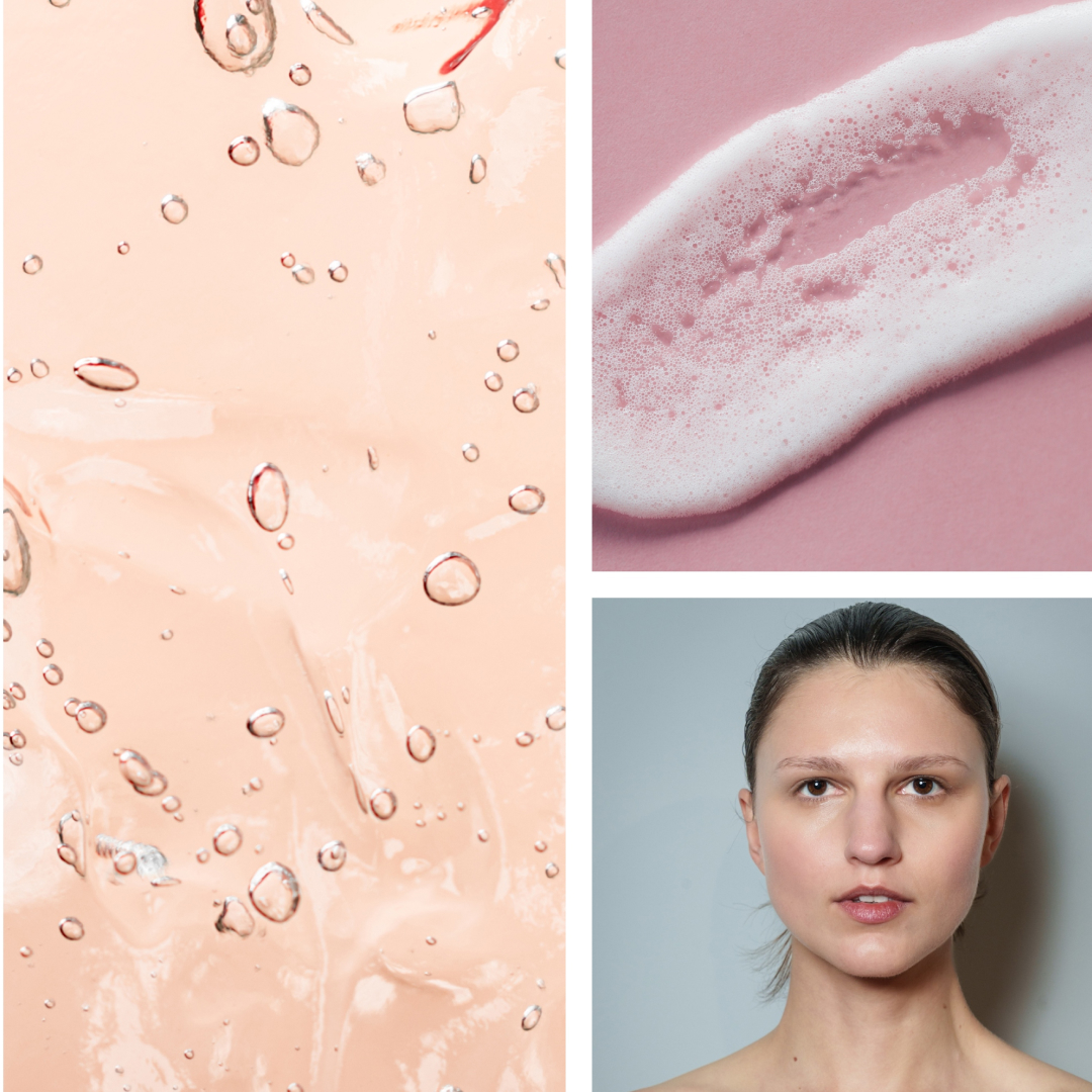 A models with a fresh face and two swatches of face wash formulas