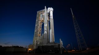  United Launch Alliance Atlas V rocket with Boeing’s CST-100 Starliner spacecraft aboard is seen on the launch pad illuminated by spotlights at Space Launch Complex 41 ahead of the NASA’s Boeing Crew Flight Test, Sunday, May 5, 2024 at Cape Canaveral Space Force Station in Florida.