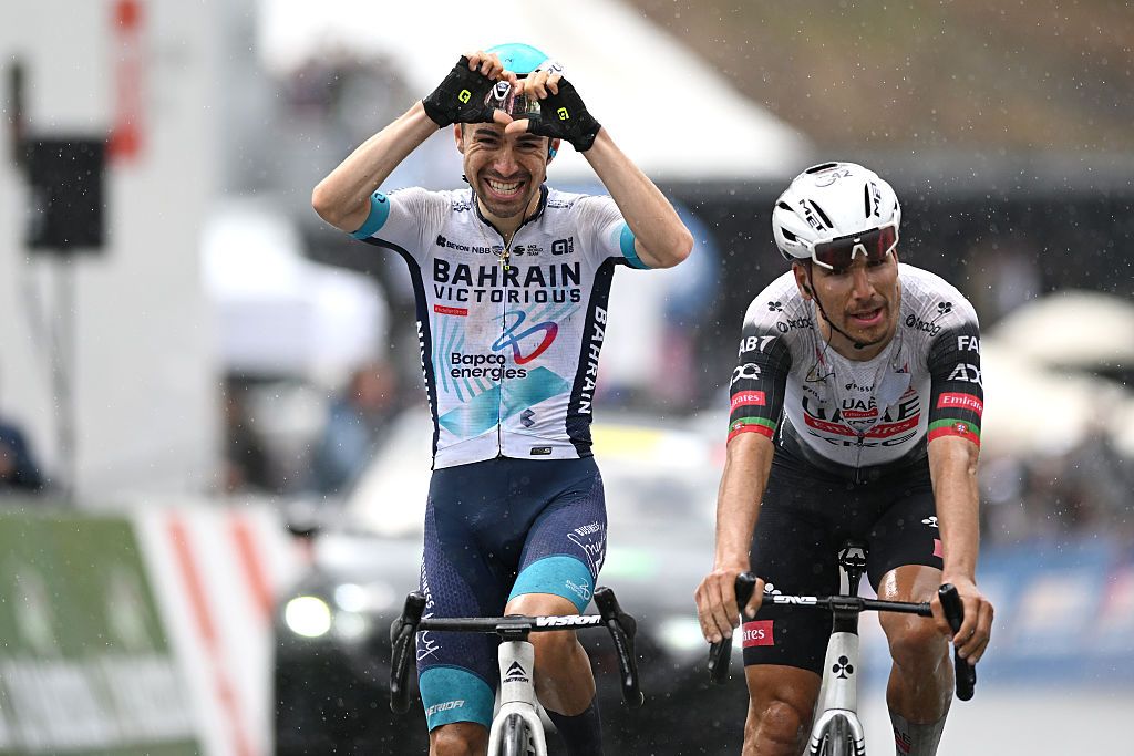 THYON 2000 SWITZERLAND MAY 03 LR Lenny Martinez of France and Team Bahrain Victorious celebrates at finish line as stage winner ahead of Joao Goncalves Almeida of Portugal and UAE Team Emirates XRG during the 78th Tour De Romandie 2025 Stage 4 a 1283km stage from Sion to Thyon 2000 2091m UCIWT on May 03 2025 in Thyon 2000 Switzerland Photo by Dario BelingheriGetty Images
