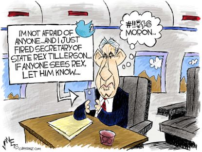 Political cartoon U.S. Rex Tillerson firing Trump tweet