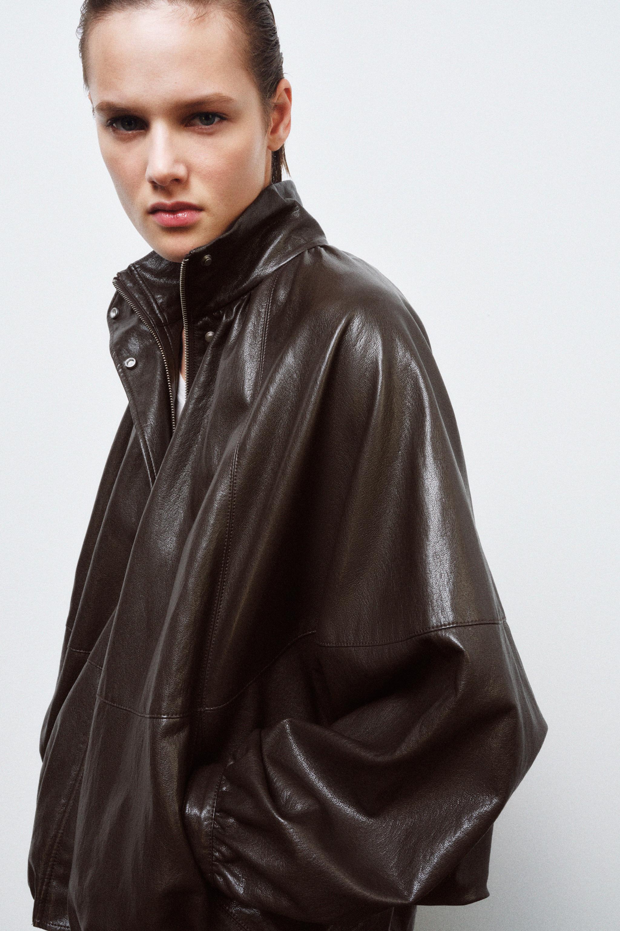 Zw Collection Leather Effect Bomber Jacket