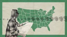 Photo collage of a young woman facing away from the viewer, looking at a map. Behind her, there is a map of the USA with prominent state lines, and an antique engraving of different stages of human embryo development