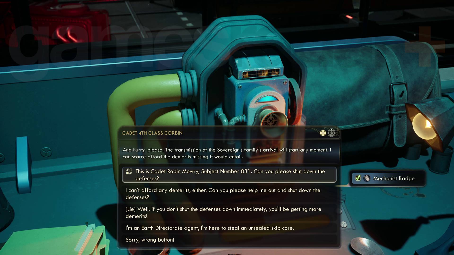 The Outer Worlds 2 horizon point intercom dialogue option to pose as cadet mowry