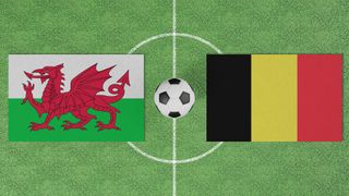 Graphic of Wales and Belgium flags on top of a football ptch 