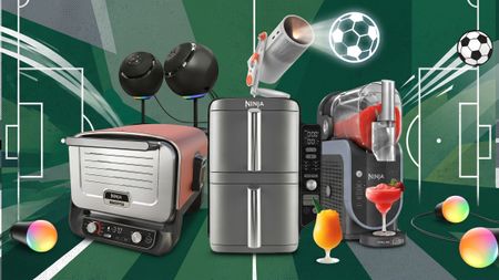 Selection of Ninja cooking gadgets, plus a projector and some smart lights, against a football field background