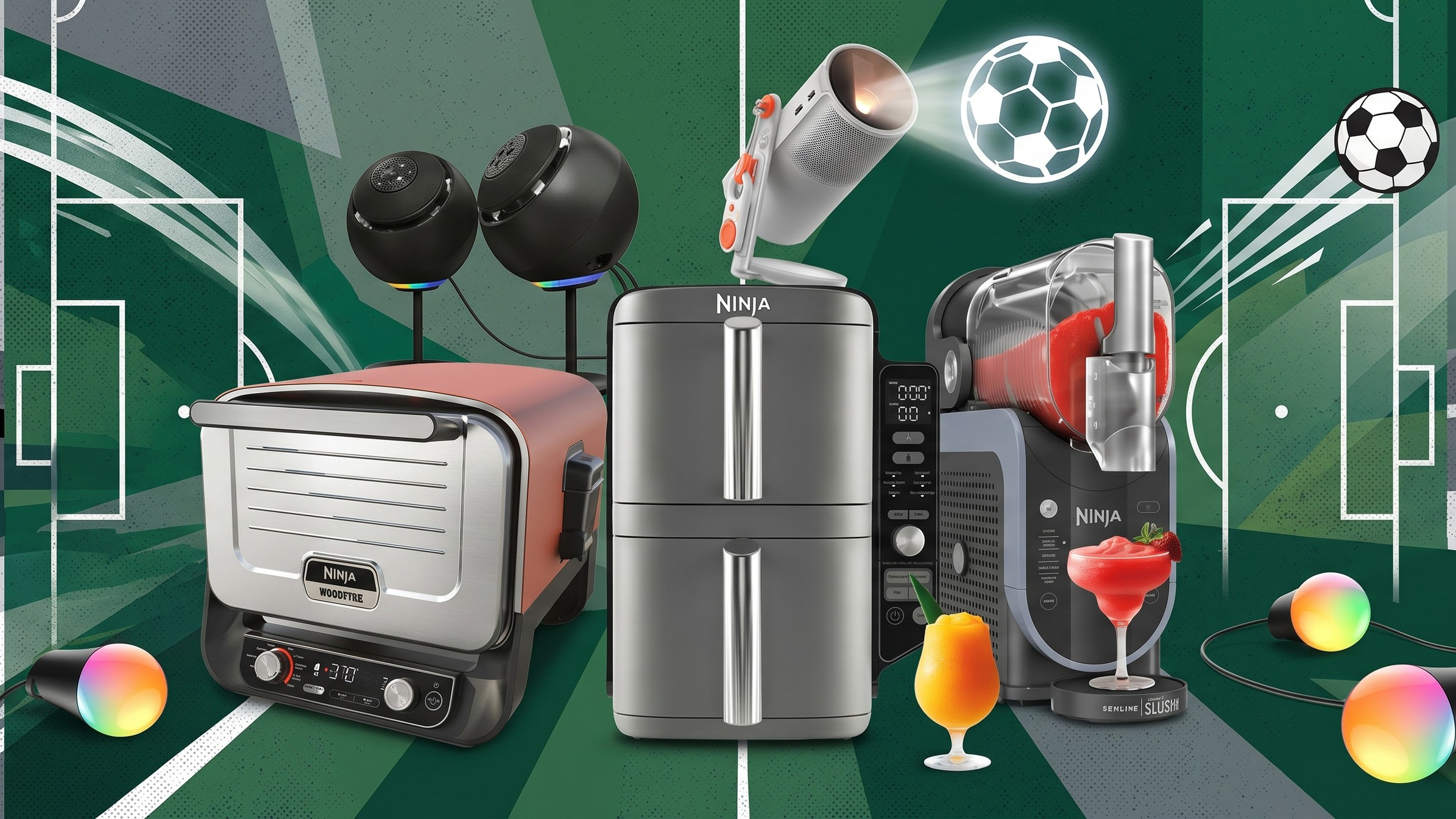 Selection of Ninja cooking gadgets, plus a projector and some smart lights, against a football field background