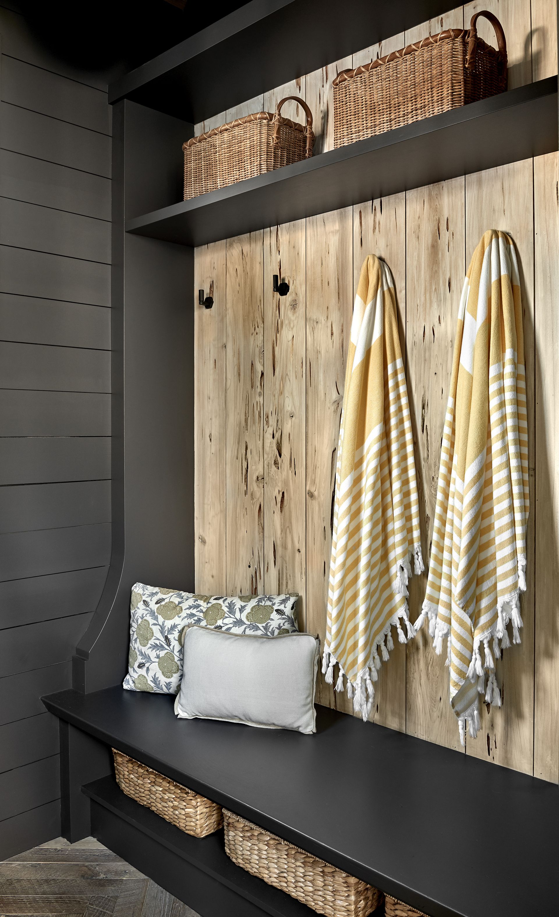 A built in storage unit by the entryway