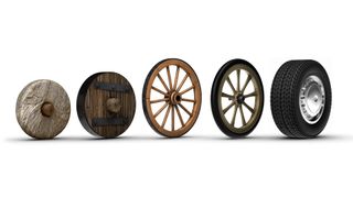Illustration showing the evolution of the wheel starting from a stone wheel and ending with a steel belted radial tire. Wheels were invented circa 3,500 B.C., and rapidly spread across the Eastern Hemisphere.